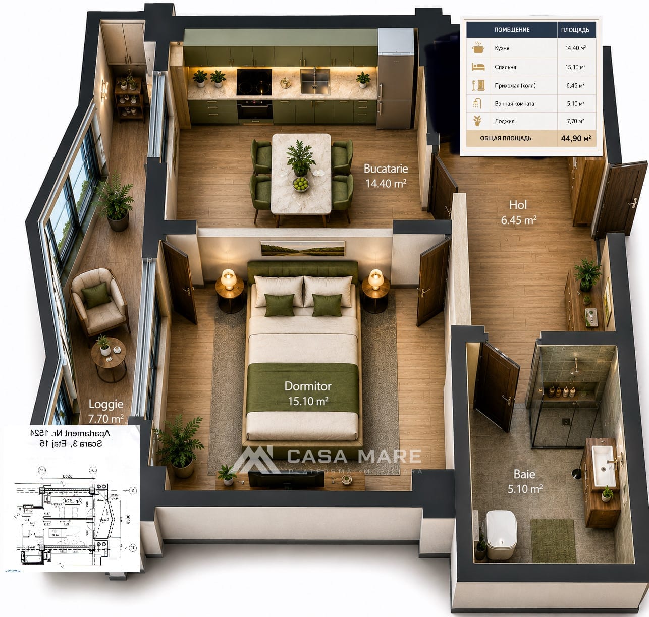1-комнатная квартира, 45 м², Ботаника, Кишинёв 2
