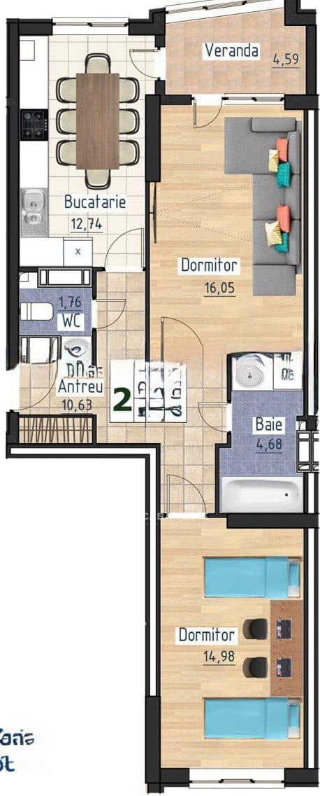 2-комнатная квартира, 70 м², Кишинёв 2