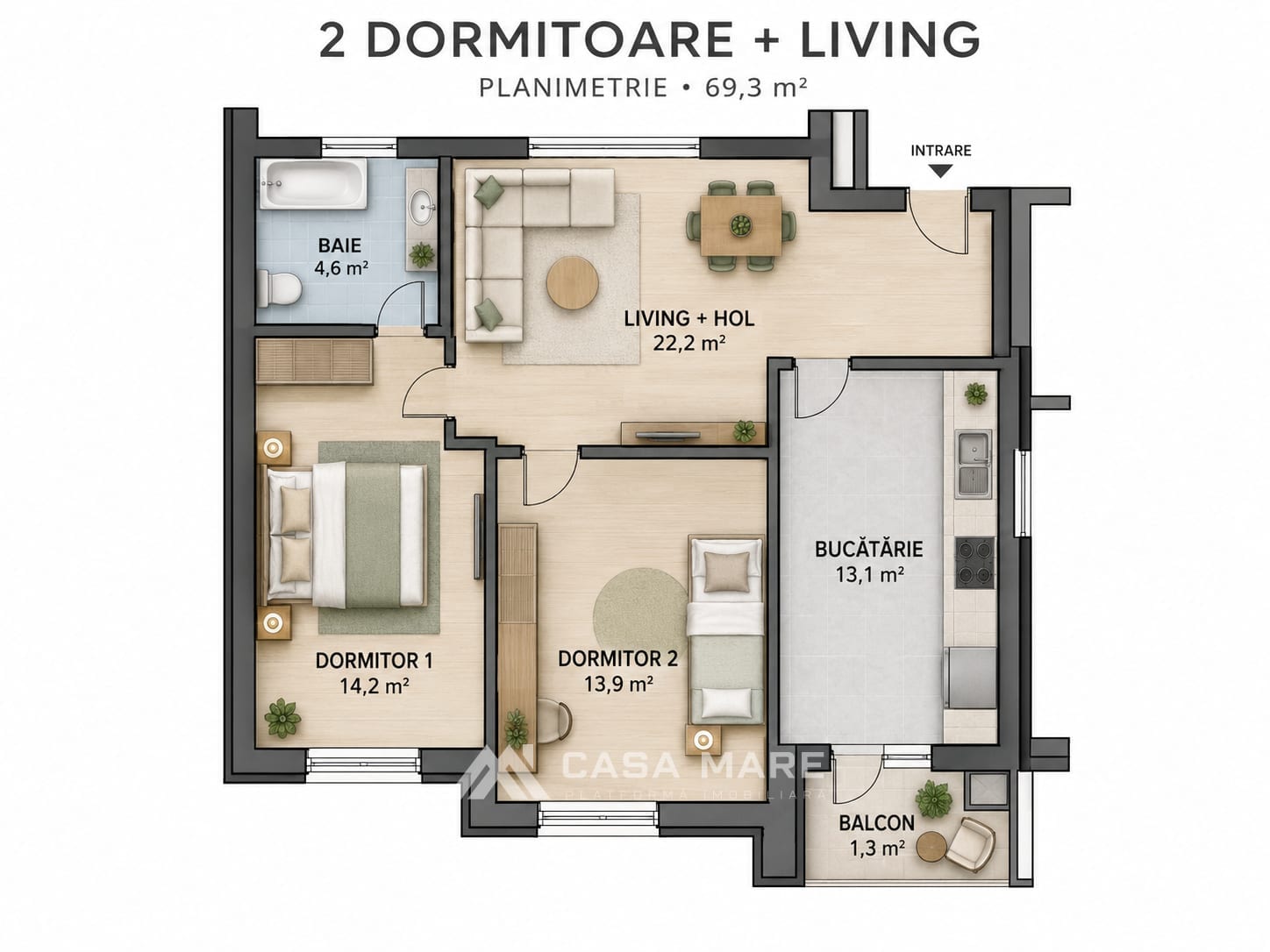 Apartament cu 2 camere, 69 m², Chișinău 2