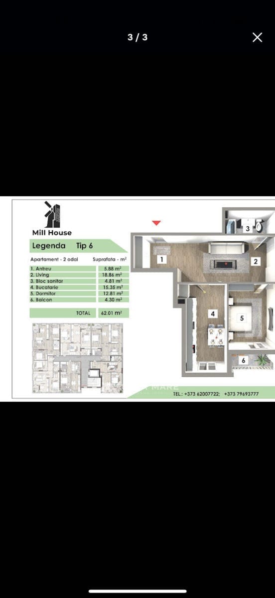 Apartament cu 2 camere, 61 m², Centru, Căușeni 1
