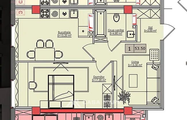 1-комнатная квартира, 54 м², Чеканы, Кишинёв 2