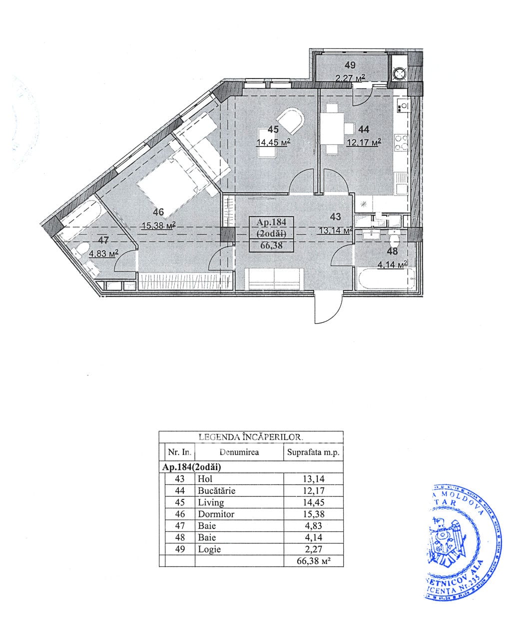 Apartament cu 2 camere, 66 m², Poșta Veche, Chișinău 2