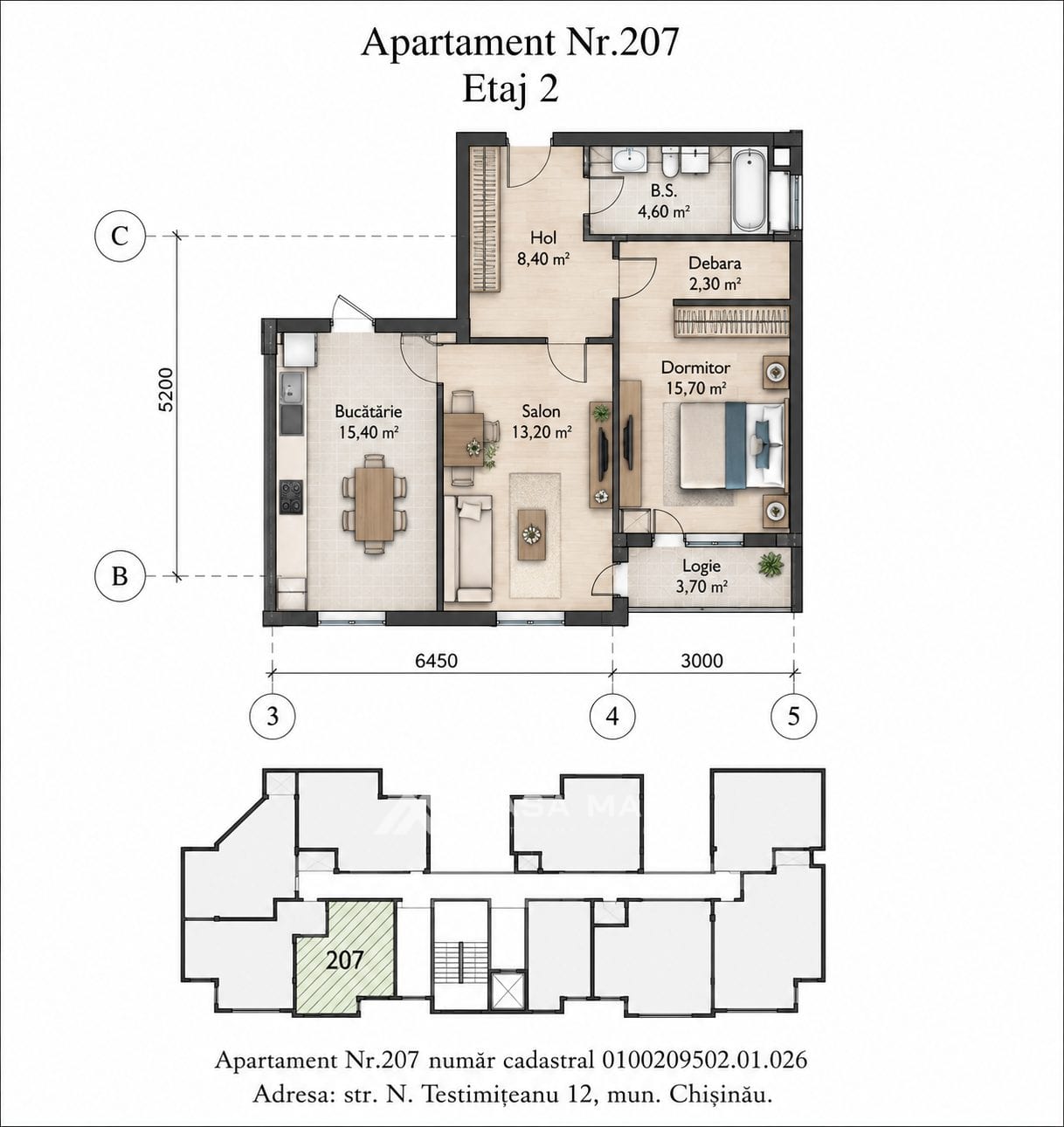 2-комнатная квартира, 67 м², Центр, Кишинёв 2