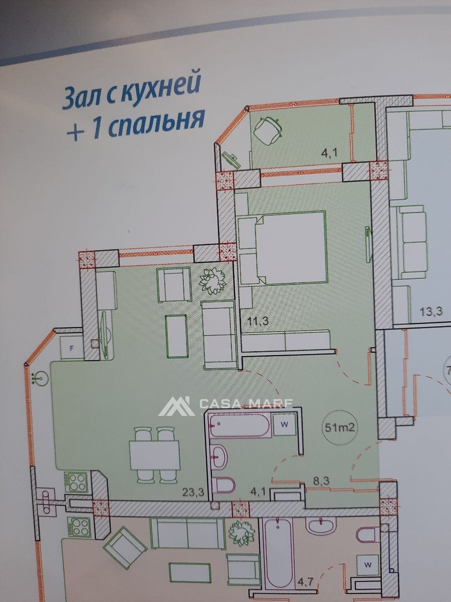 1-комнатная квартира, 49 м², Рышкановка, Кишинёв 9