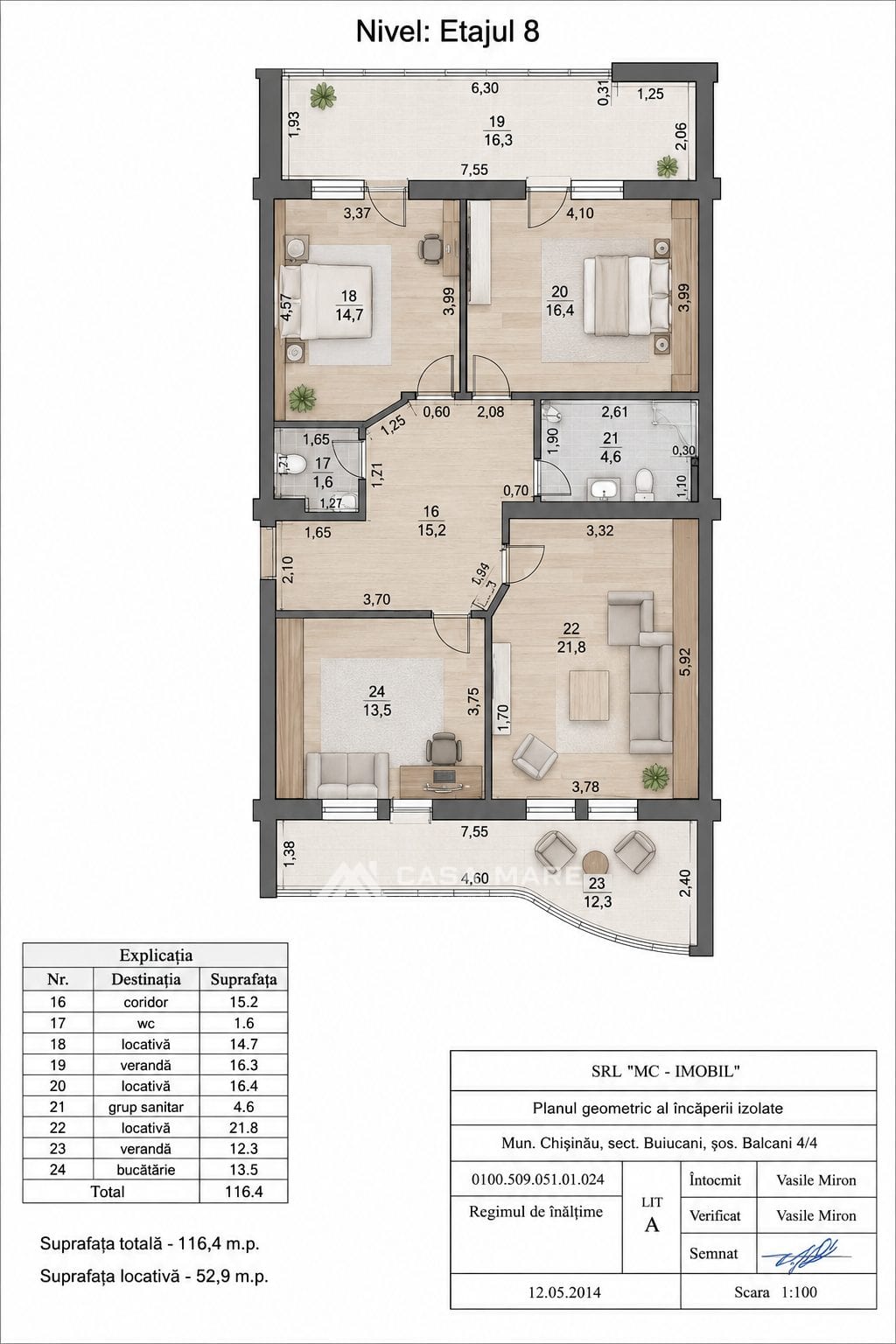 3-комнатная квартира, 117 м², Буюканы, Кишинёв 2