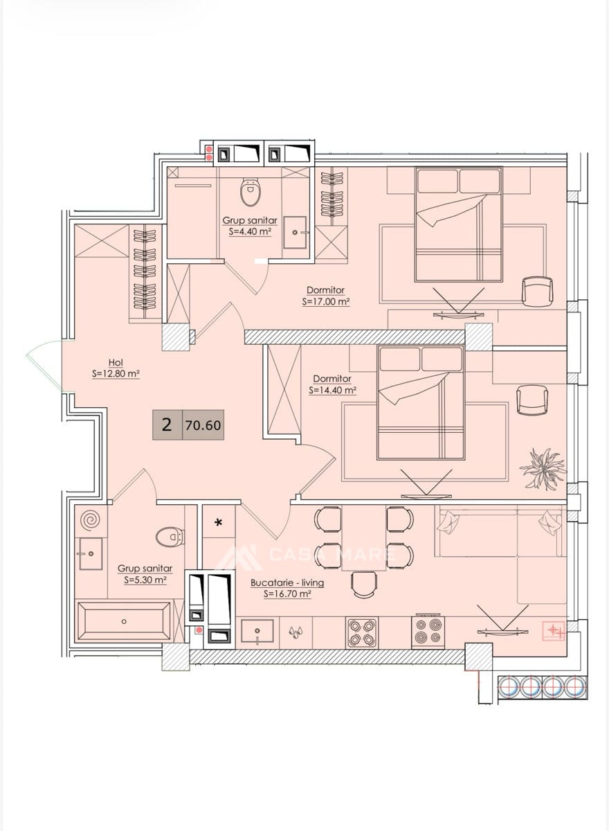 2-комнатная квартира, 70 м², Телецентр, Кишинёв 2