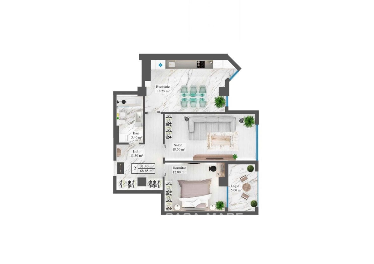 2-комнатная квартира, 66 м², Чеканы, Кишинёв 2