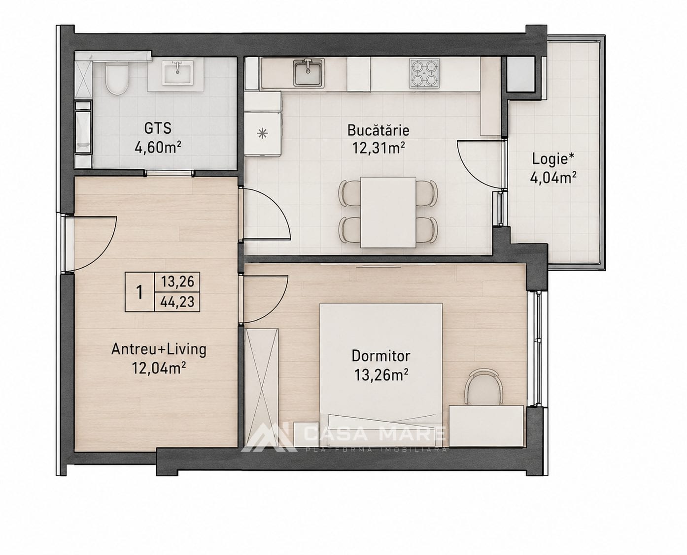 1-комнатная квартира, 44 м², Дурлешты 2
