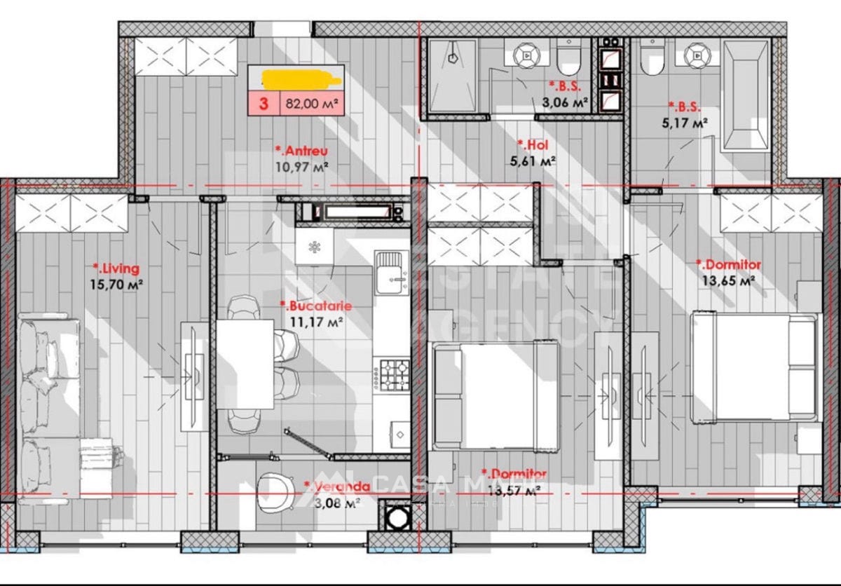 2-комнатная квартира, 82 м², Центр, Кишинёв 2