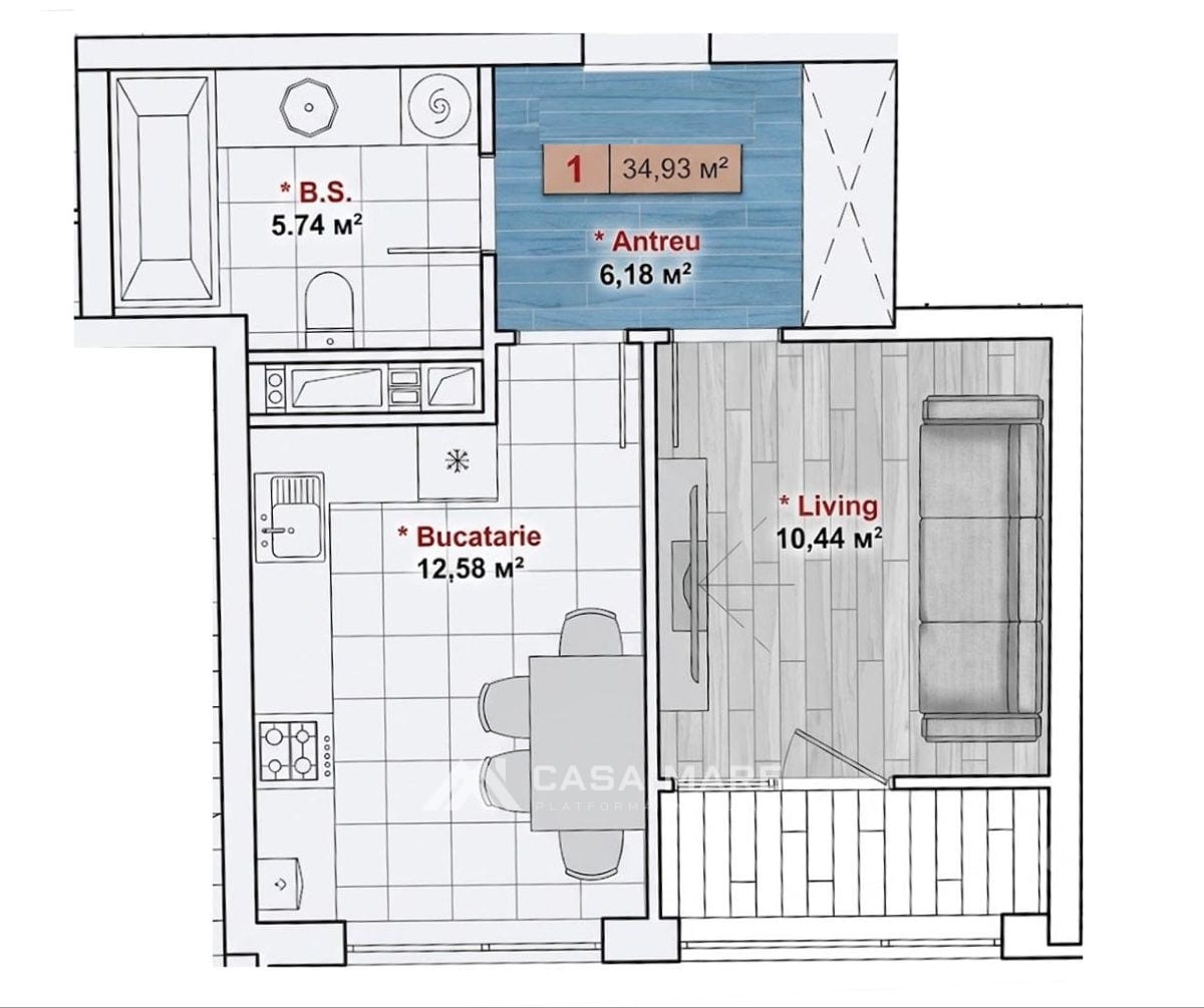 1-комнатная квартира, 35 м², Телецентр, Кишинёв 2