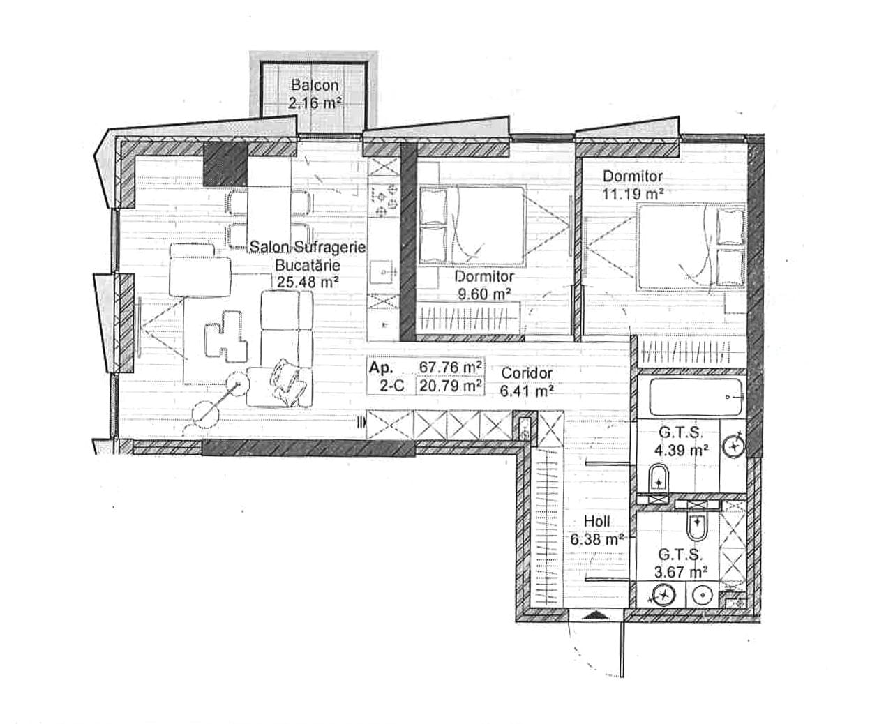 2-комнатная квартира, 68 м², Рышкановка, Кишинёв 2