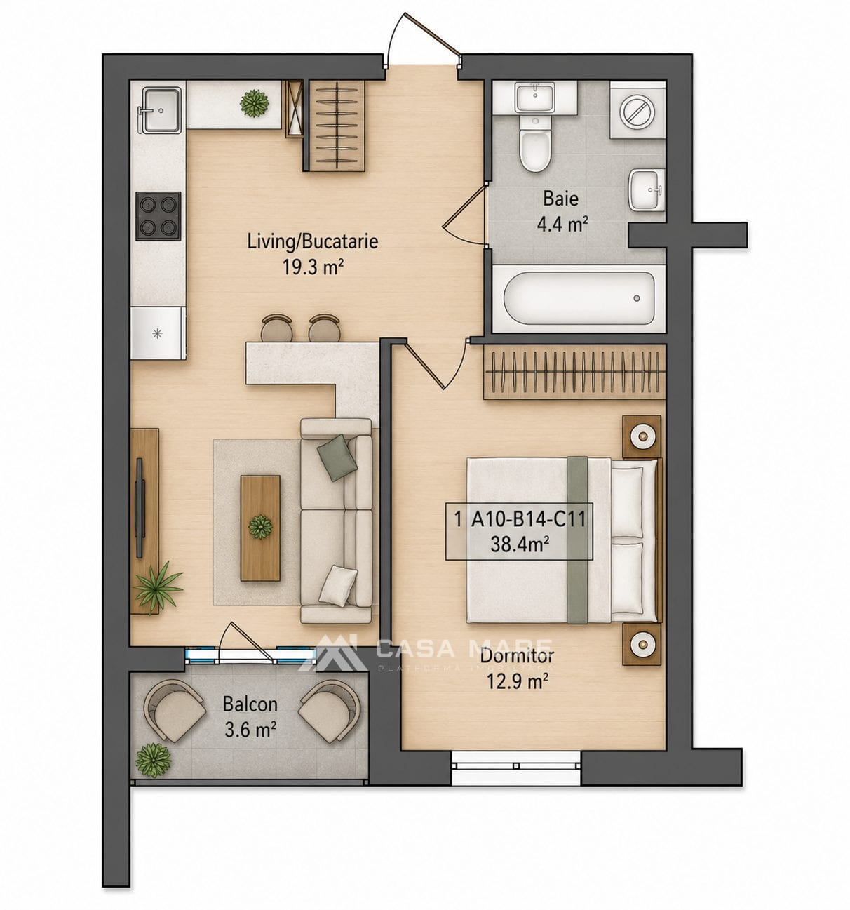 1-комнатная квартира, 39 м², Ботаника, Кишинёв 2