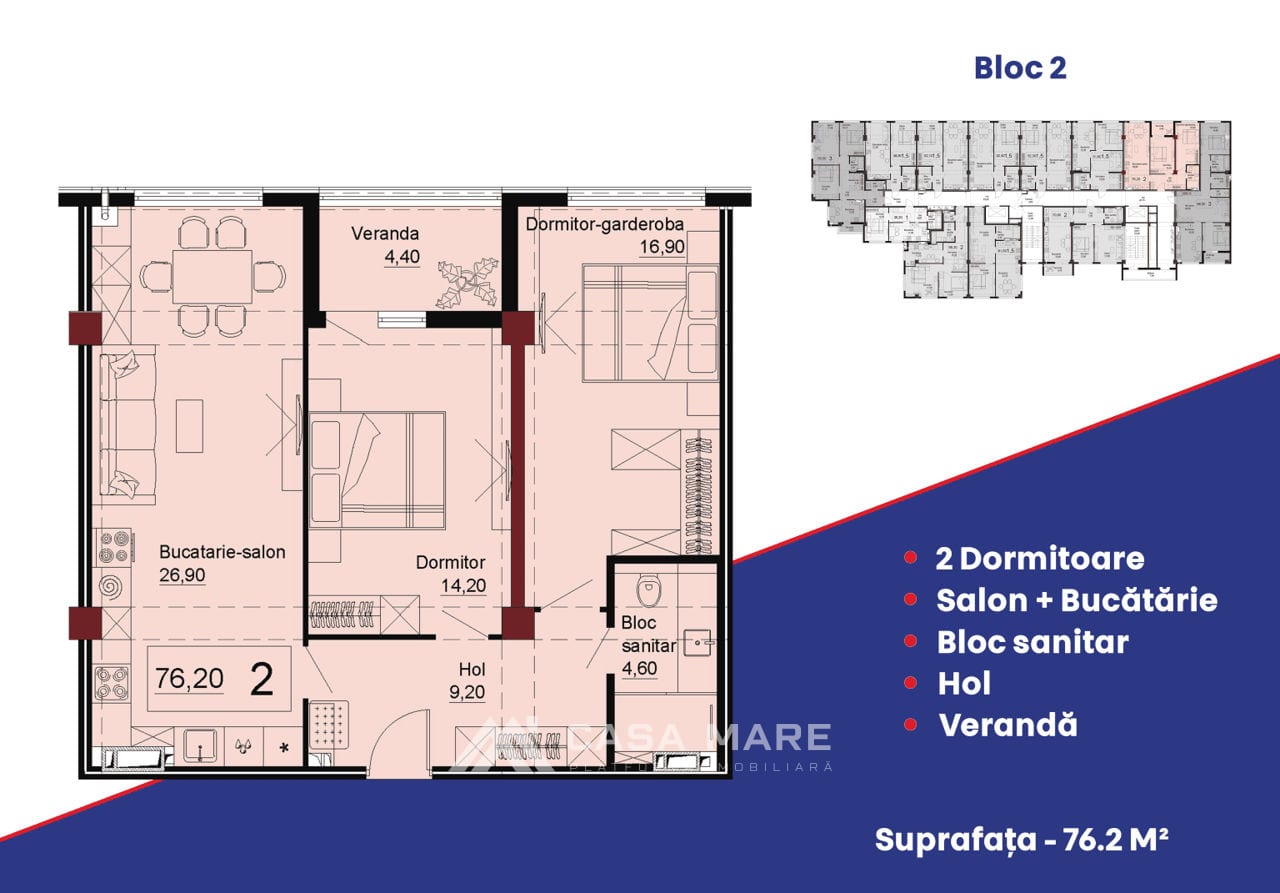 3-комнатная квартира, 76 м², Телецентр, Кишинёв 2