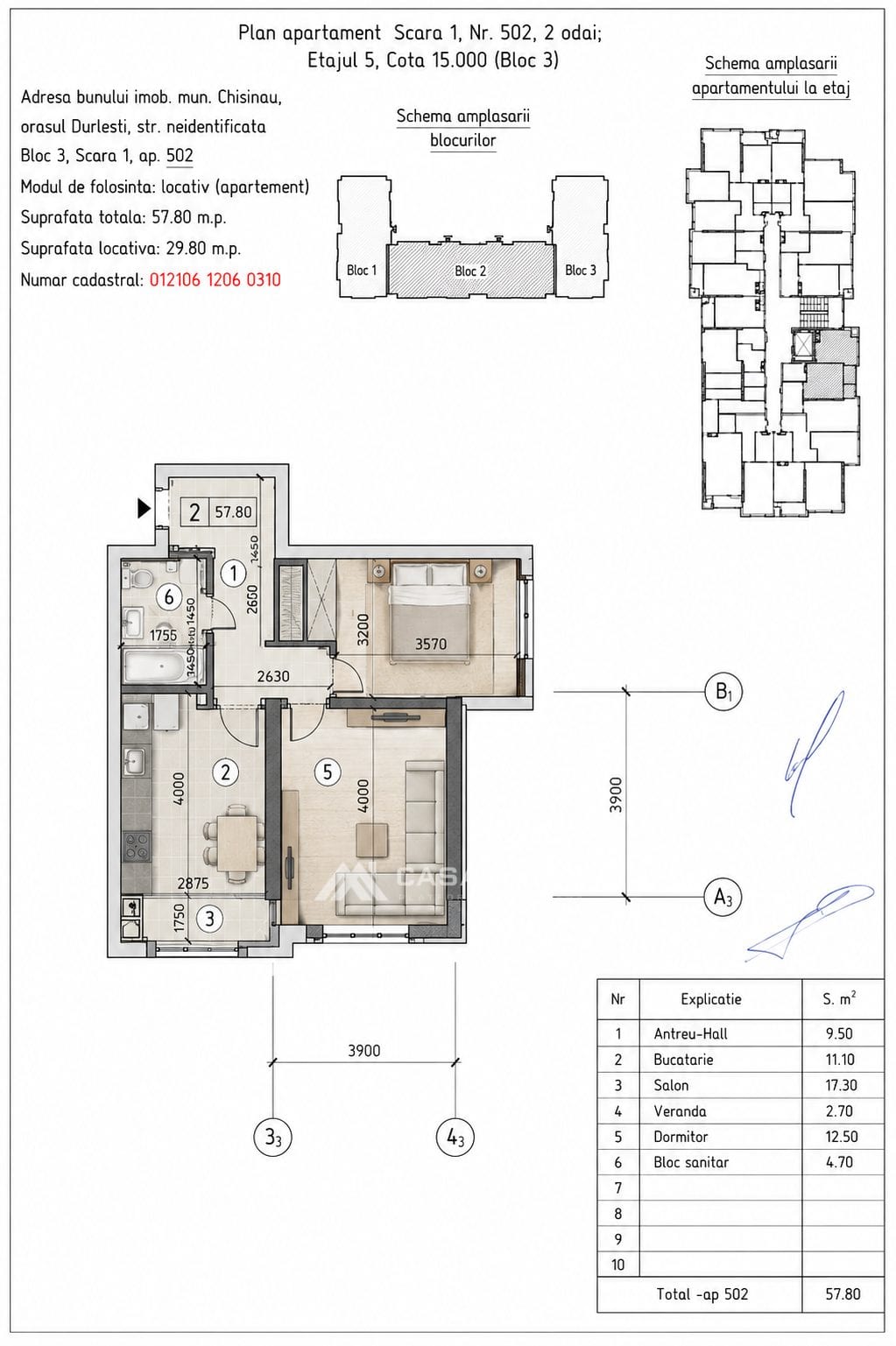 Apartament cu 2 camere, 58 m², Durlești 3