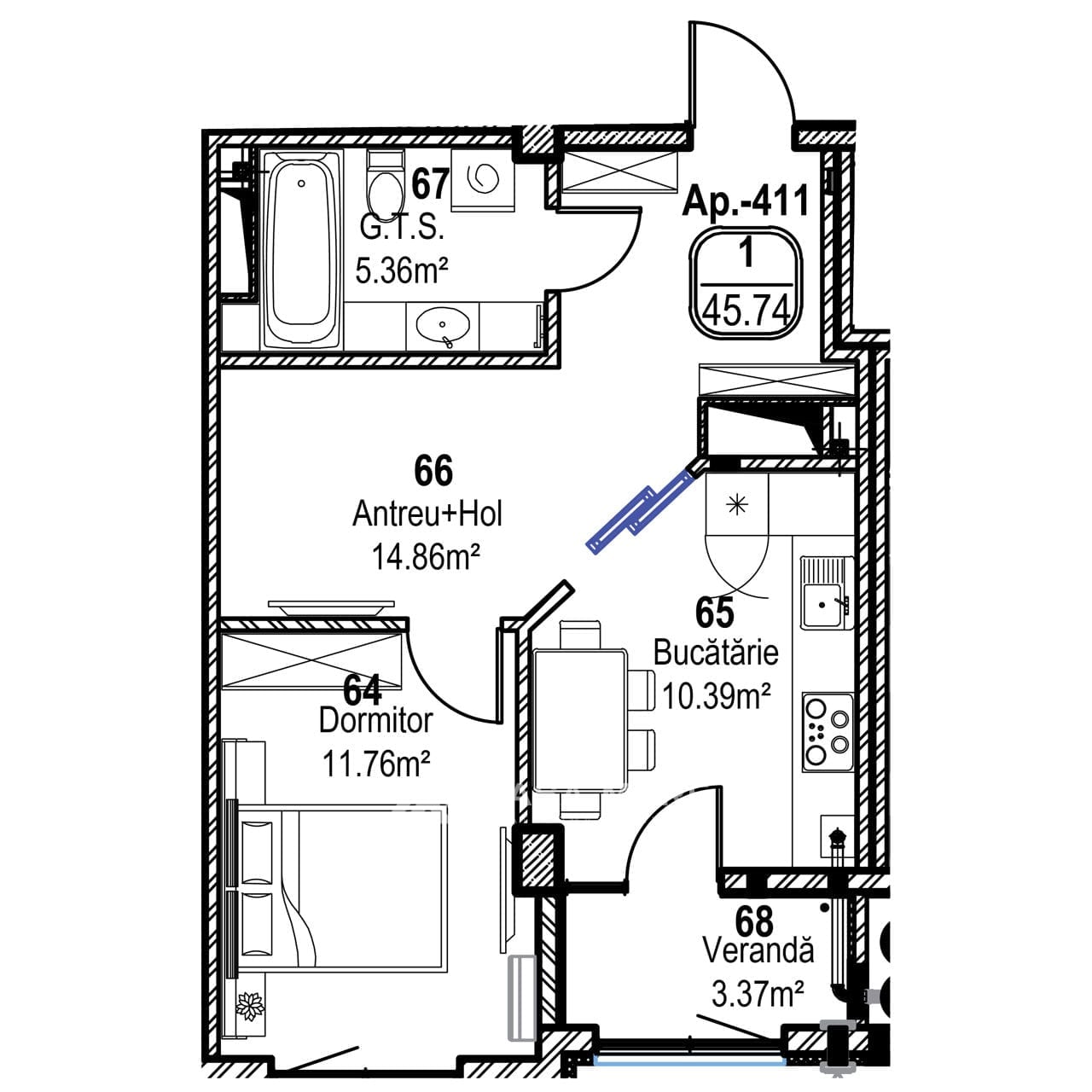 1-комнатная квартира, 46 м², Рышкановка, Кишинёв 2
