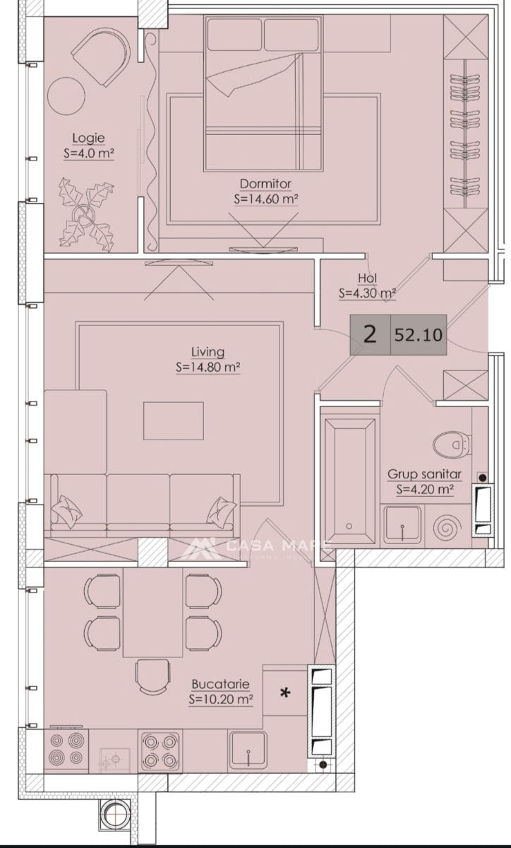2-комнатная квартира, 52 м², Дурлешты 2