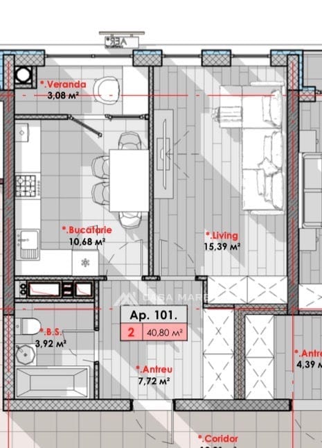 1-комнатная квартира, 41 м², Телецентр, Кишинёв 2