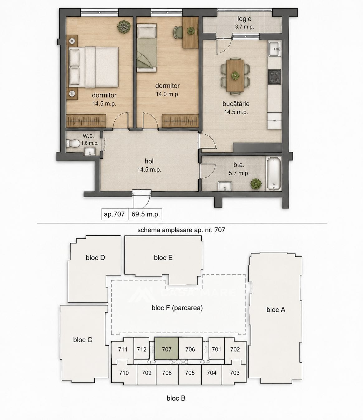 Apartament cu 2 camere, 70 m², Durlești 1