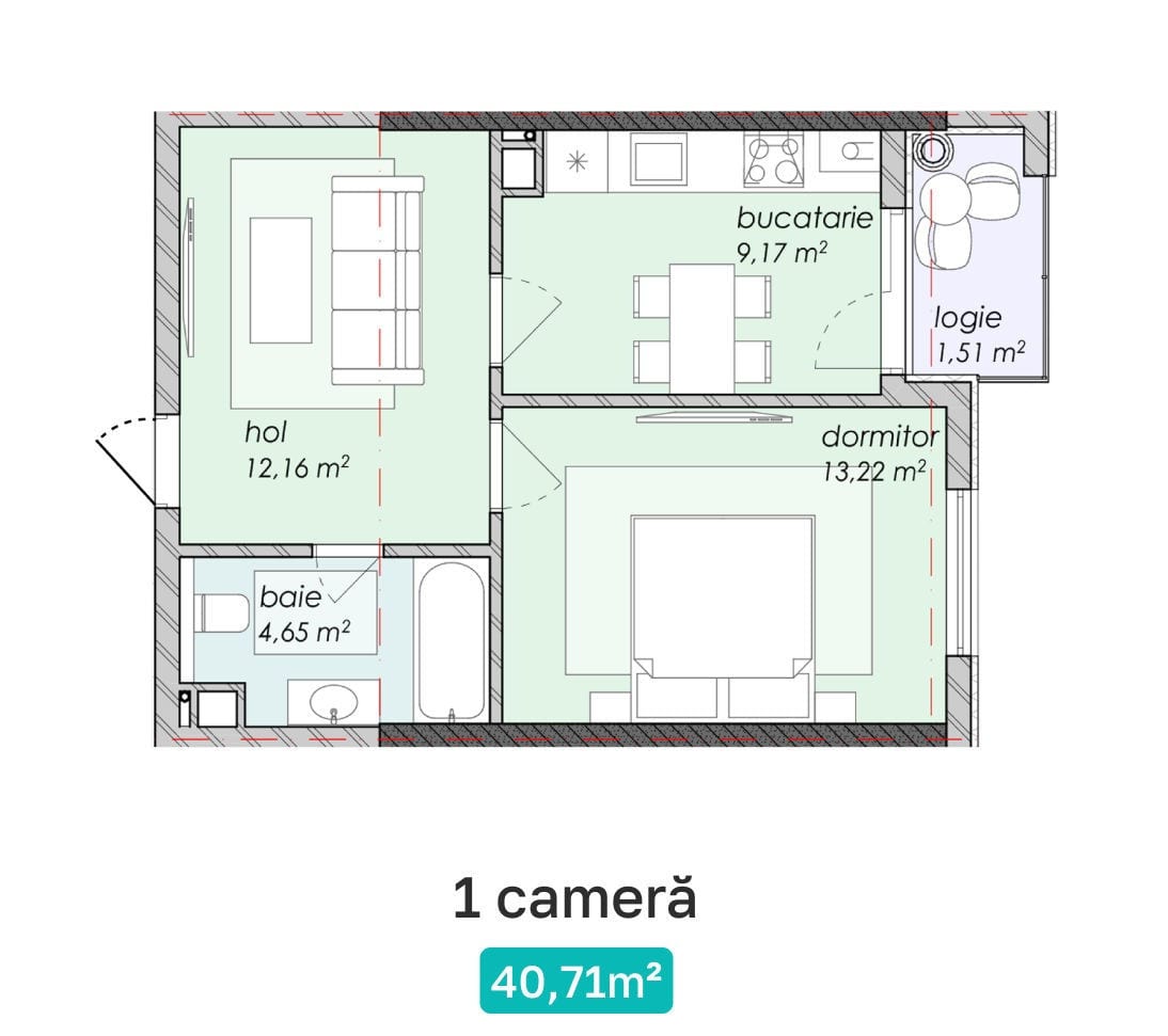 1-комнатная квартира, 41 м², Дурлешты 2