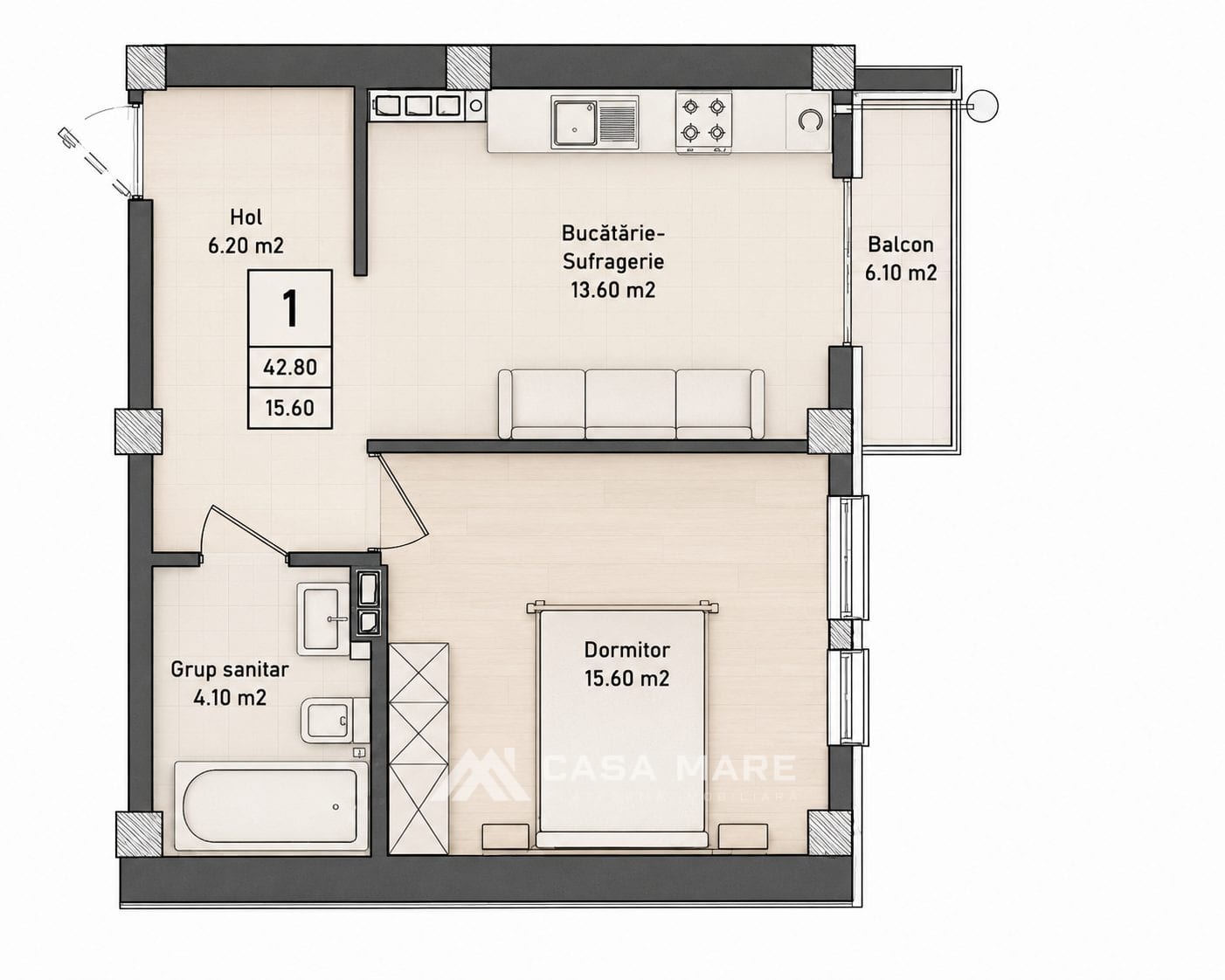 1-комнатная квартира, 43 м², Центр, Дурлешты 2