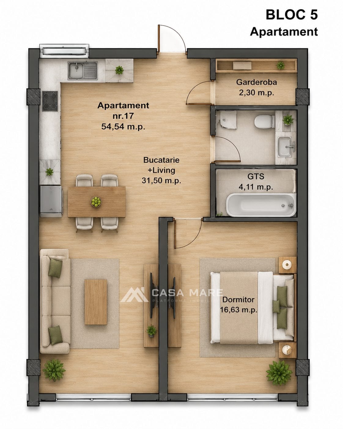 1-комнатная квартира, 54 м², Дурлешты 2