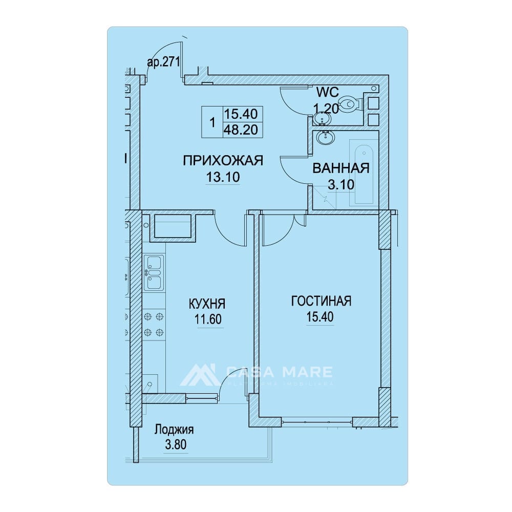 1-комнатная квартира, 49 м², Буюканы, Кишинёв 9