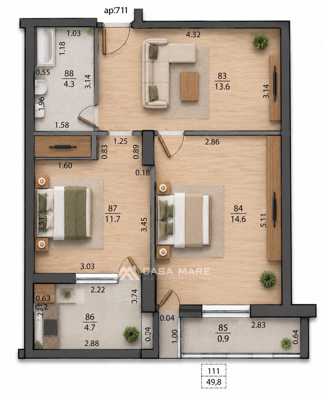 Apartament cu 1 cameră, 50 m², Aeroport, Chișinău 2