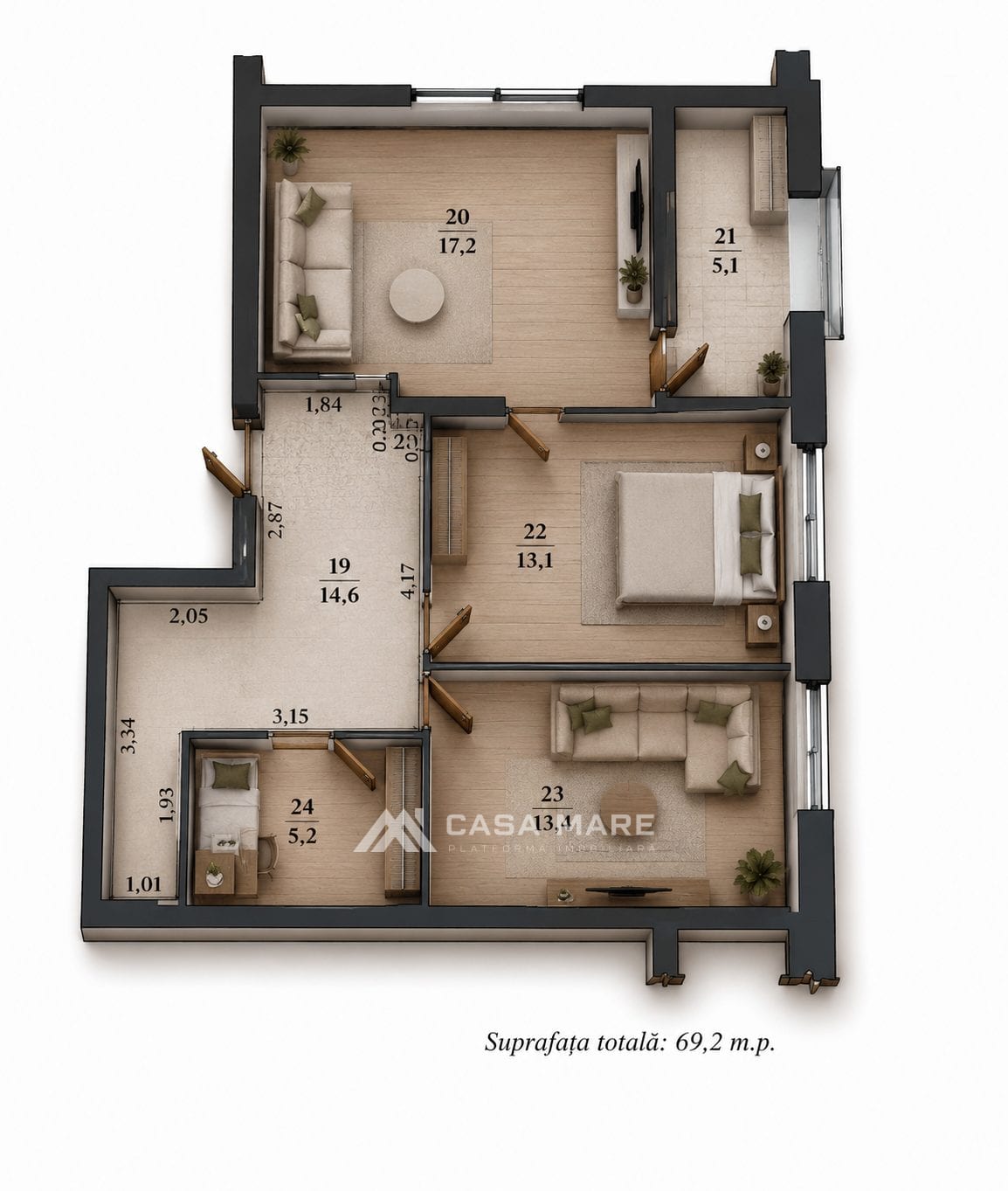 Apartament cu 2 camere, 69 m², Strășeni 2
