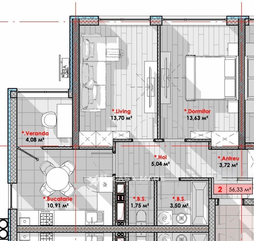 2-комнатная квартира, 57 м², Телецентр, Кишинёв 2
