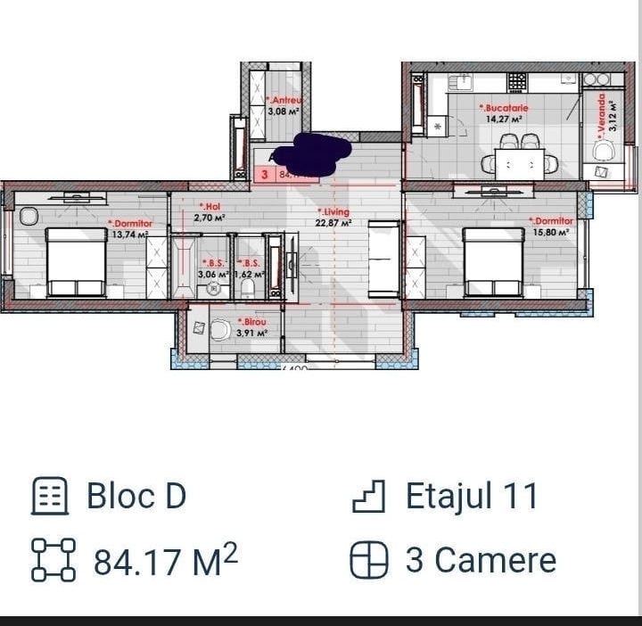 Apartament cu 3 camere, 84 m², Râșcani, Chișinău 2
