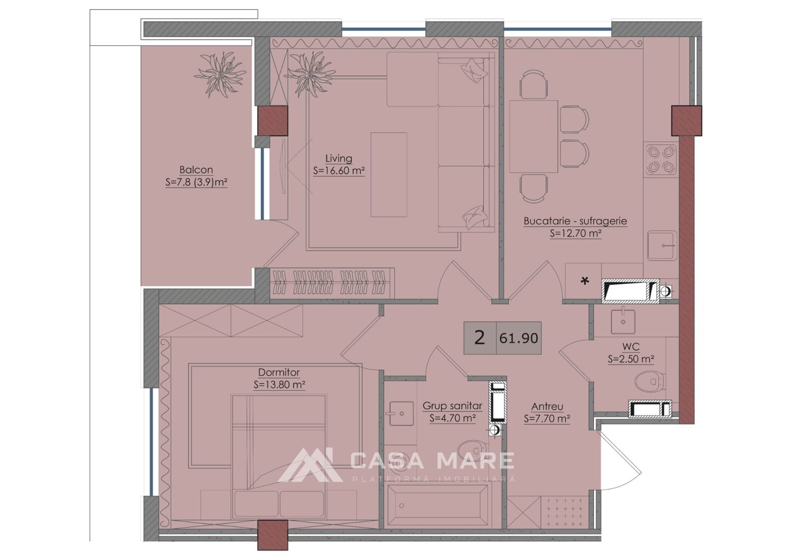 2-комнатная квартира, 61 м², Старая Почта, Кишинёв 2