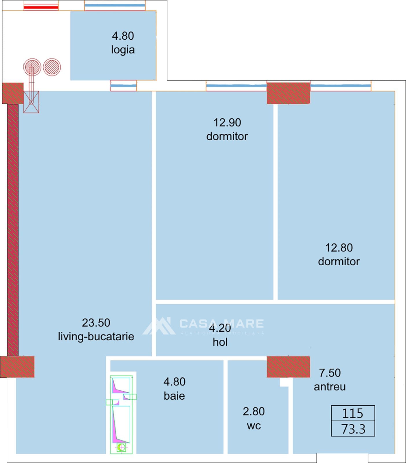 2-комнатная квартира, 73 м², Чеканы, Кишинёв 2