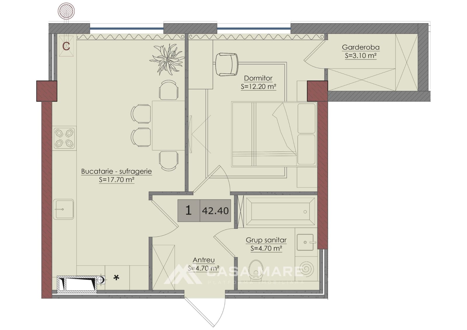 1-комнатная квартира, 42 м², Старая Почта, Кишинёв 2