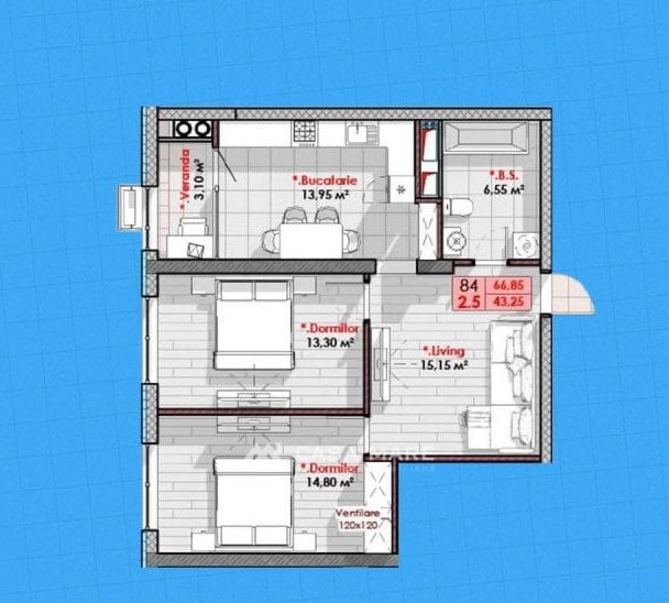 Apartament cu 2 camere, 67 m², Botanica, Chișinău 2
