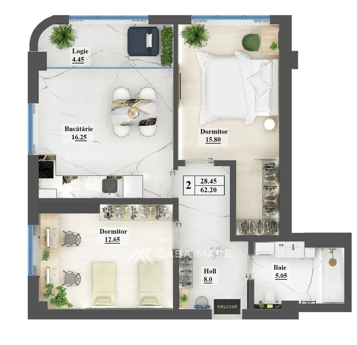 2-комнатная квартира, 62 м², Чеканы, Кишинёв 2