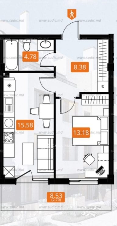 Apartament cu 1 cameră, 44 m², Ialoveni 2