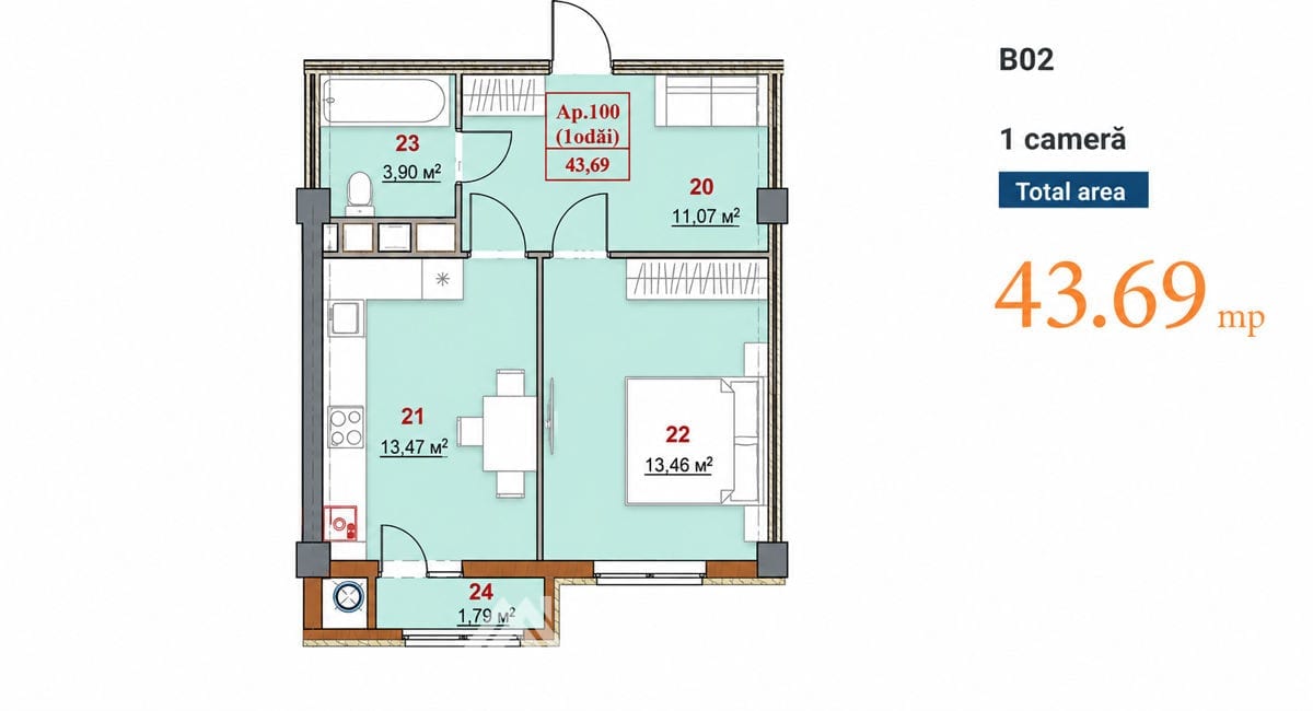Apartament cu 1 cameră, 44 m², Poșta Veche, Chișinău 2