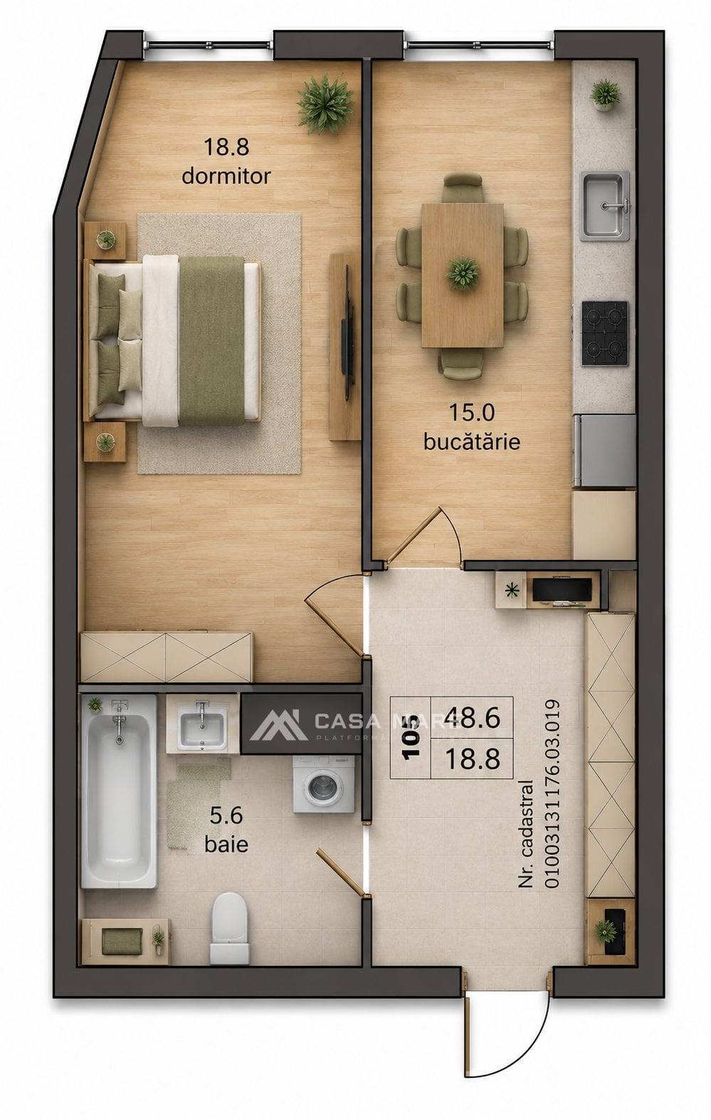 1-комнатная квартира, 49 м², Чеканы, Кишинёв 2