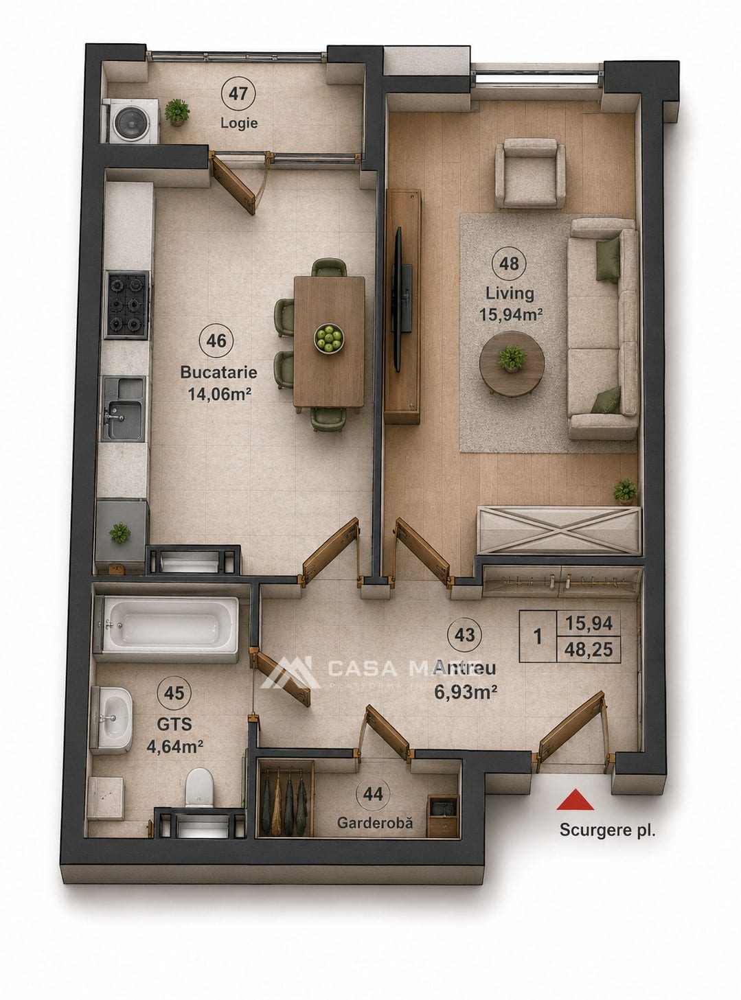 1-комнатная квартира, 49 м², Дурлешты 2