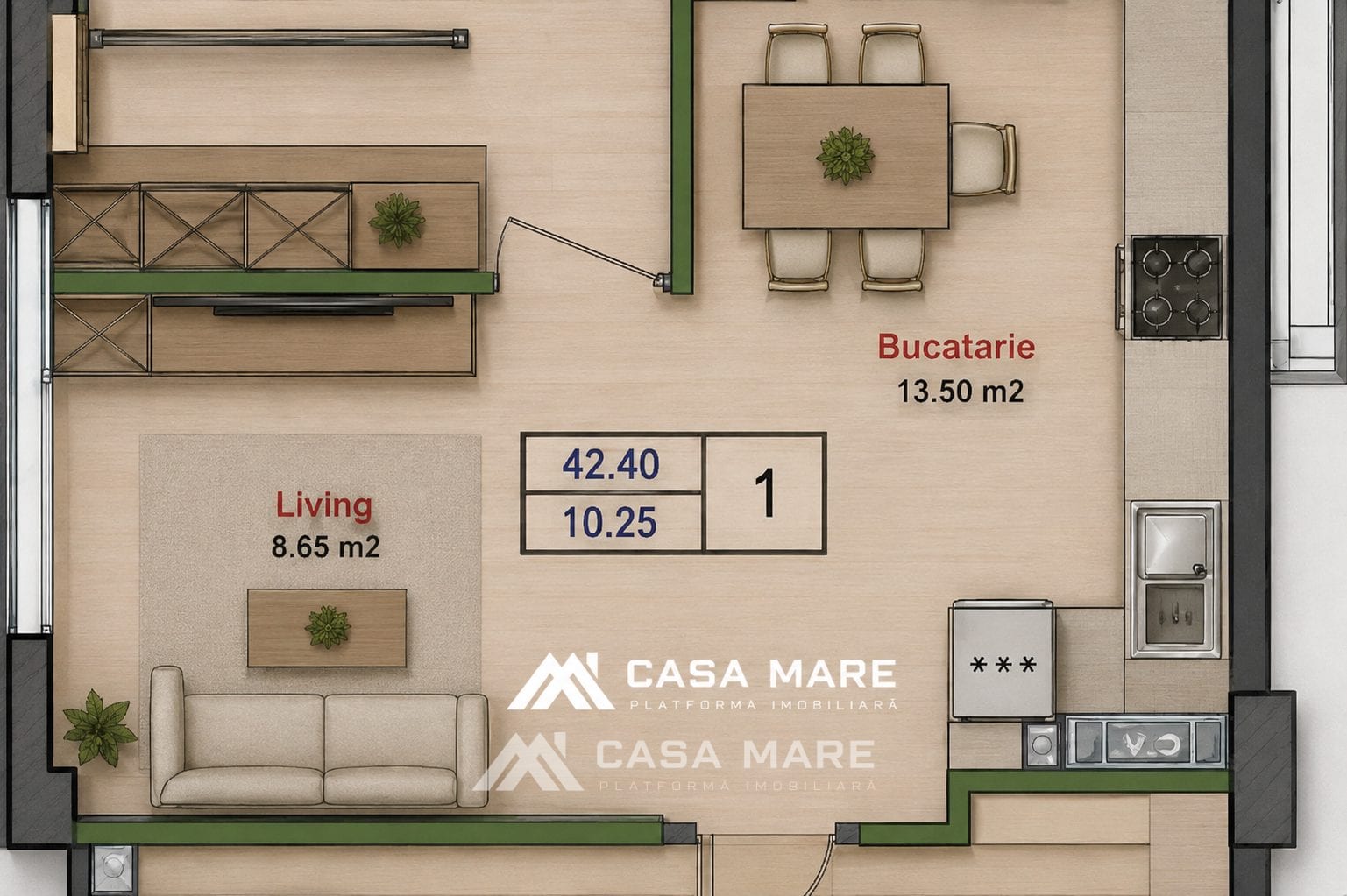 Apartament cu 1 cameră, 42 m², Durlești 1