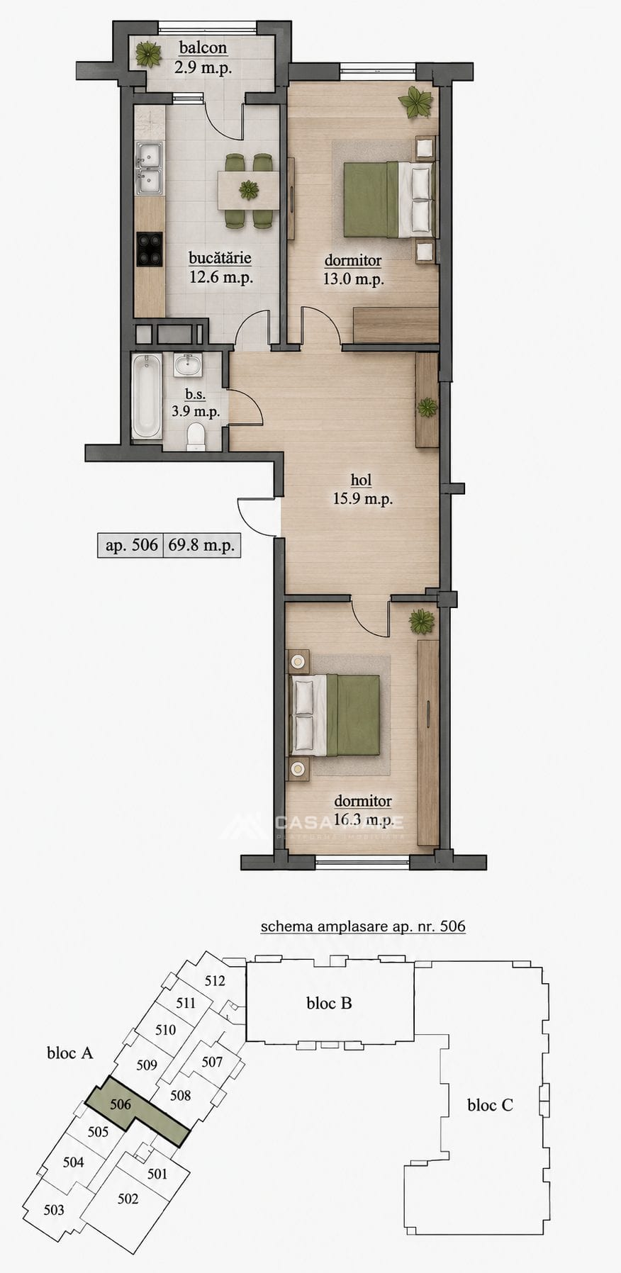Apartament cu 2 camere, 70 m², Durlești 2