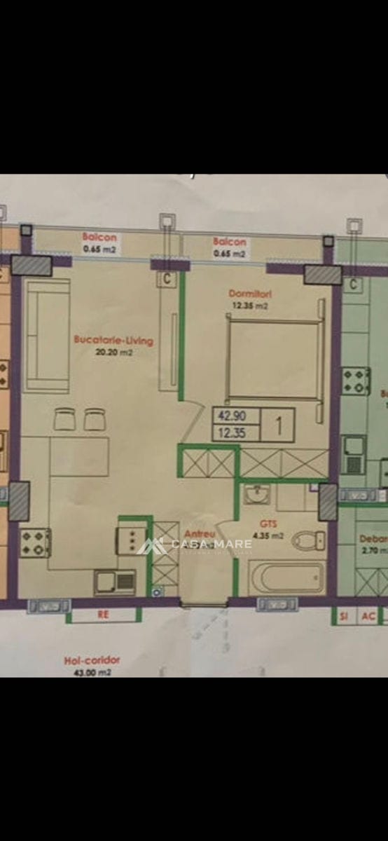 1-комнатная квартира, 43 м², Дурлешты 2