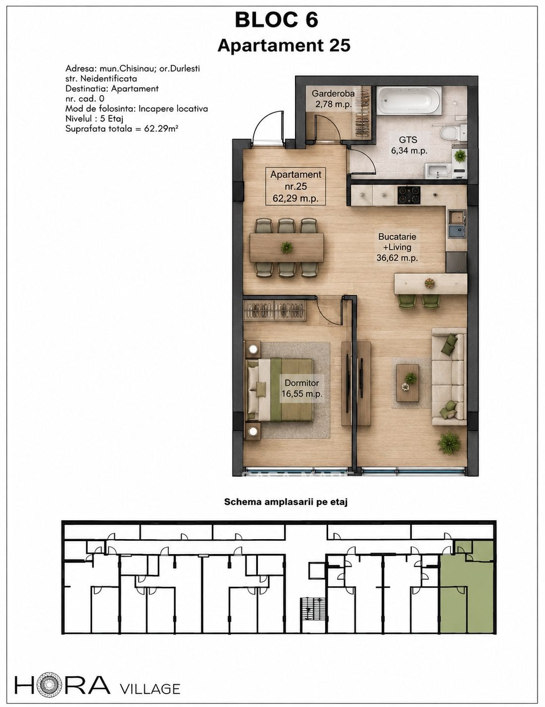 Apartament cu 2 camere, 62 m², Durlești 2