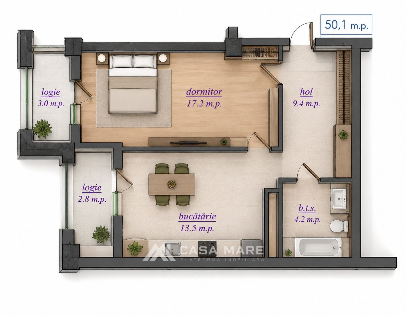 1-комнатная квартира, 50 м², Дурлешты 1