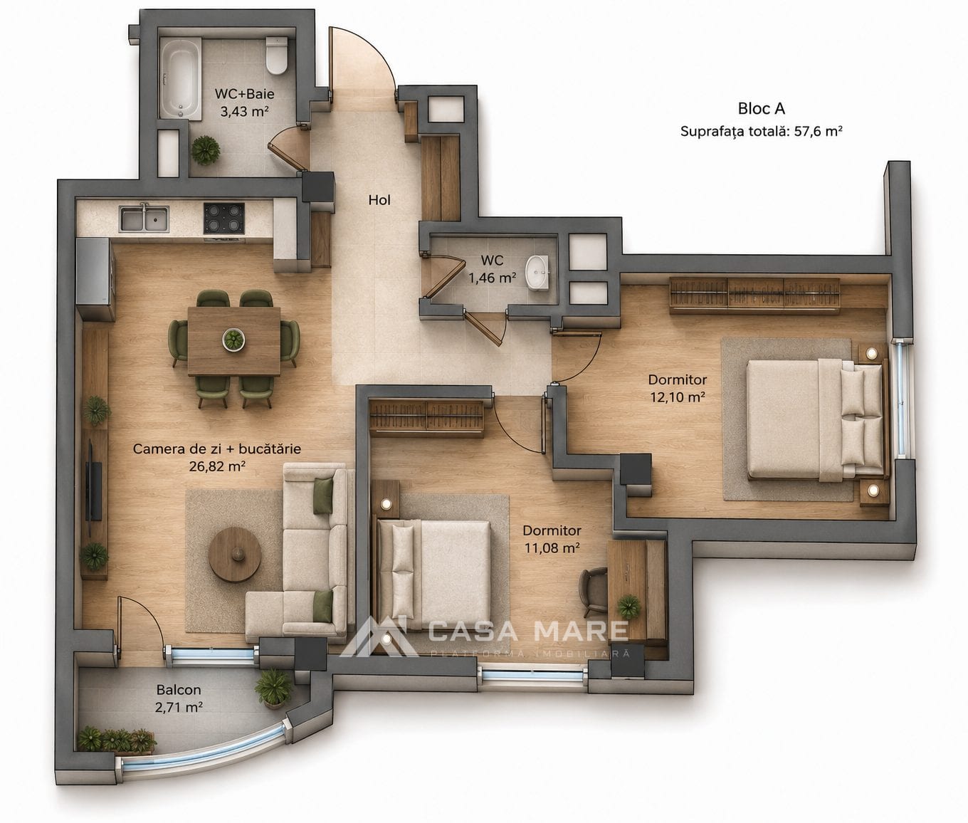 Apartament cu 2 camere, 58 m², Botanica, Chișinău 2