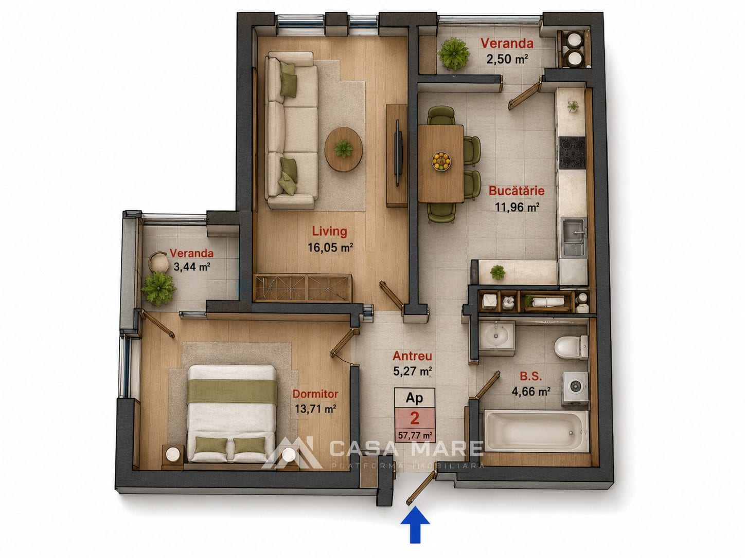 2-комнатная квартира, 58 м², Рышкановка, Кишинёв 2