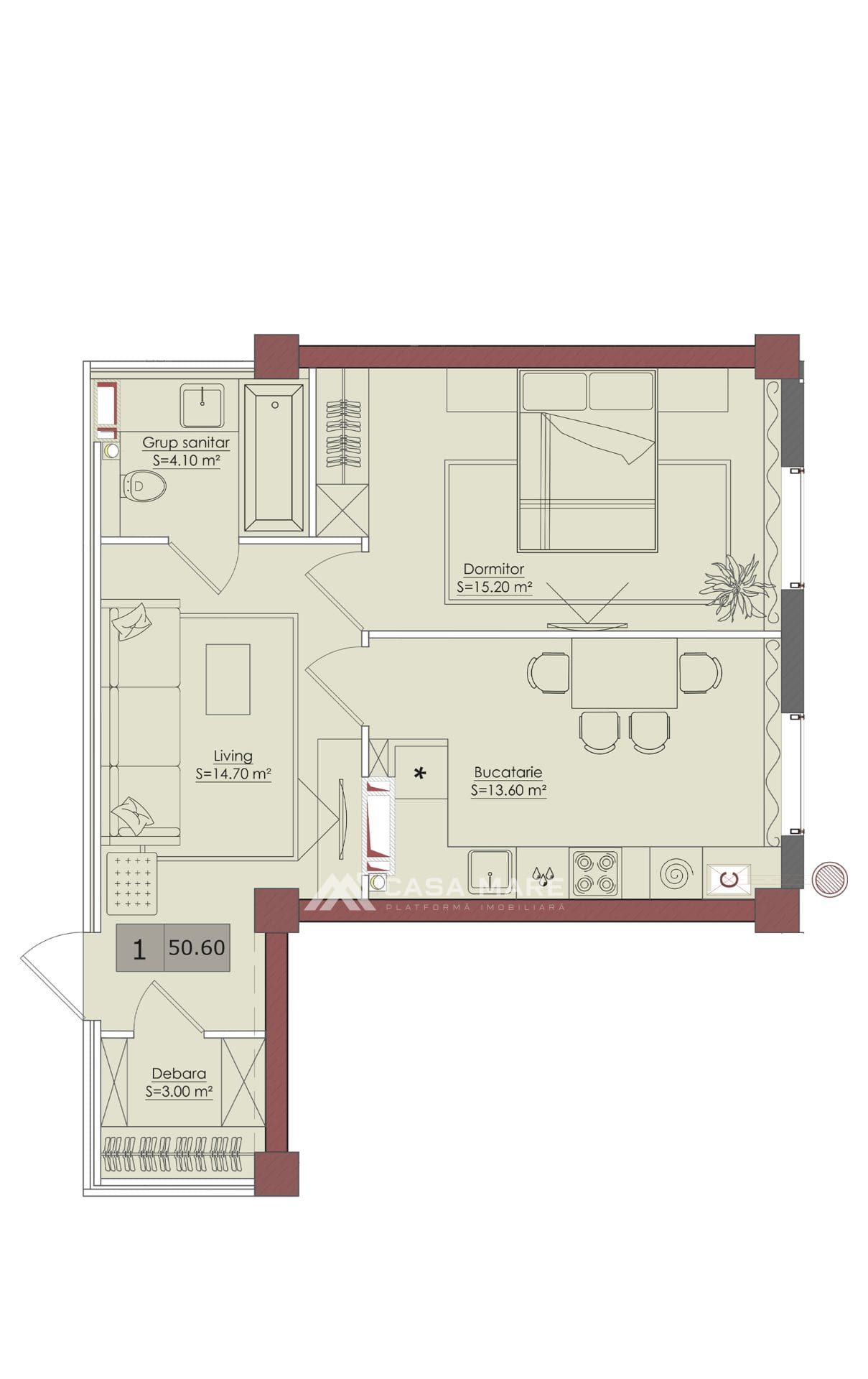 1-комнатная квартира, 51 м², Чеканы, Кишинёв 2