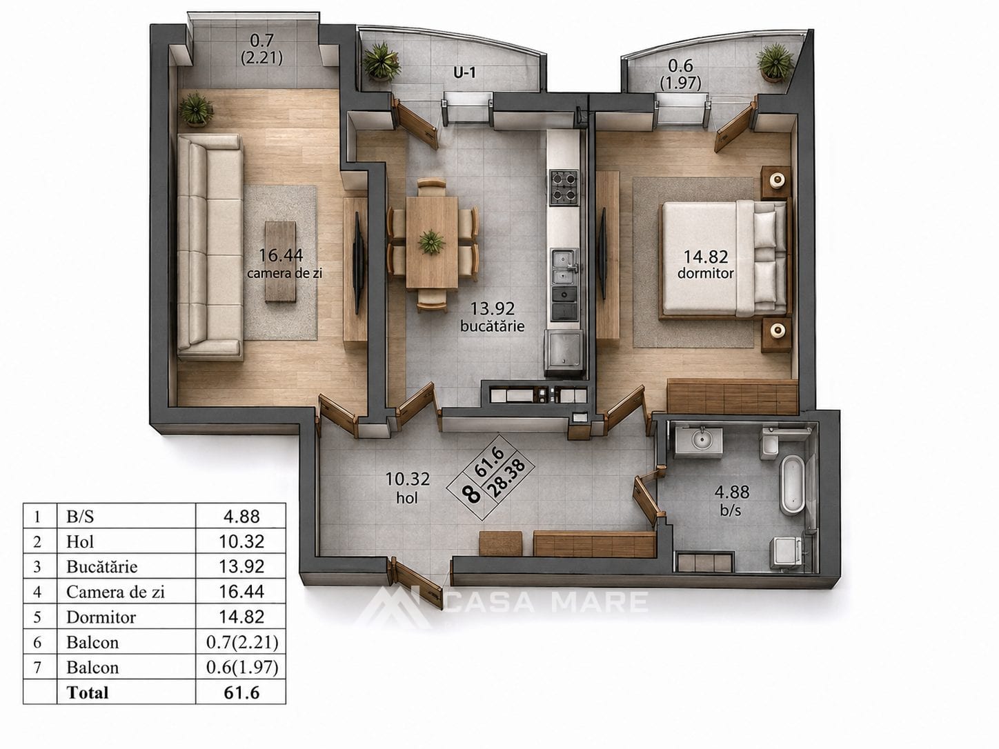 Apartament cu 2 camere, 62 m², Durlești 2
