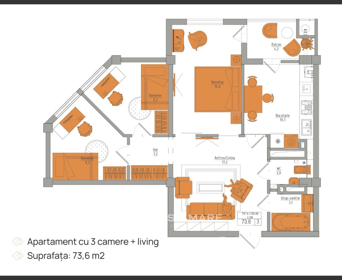 3-комнатная квартира, 74 м², Телецентр, Кишинёв 2