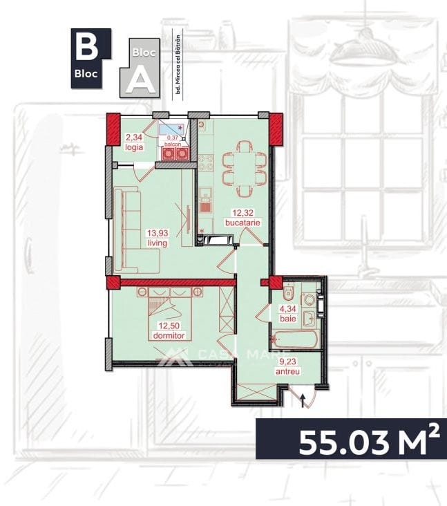 2-комнатная квартира, 55 м², Чеканы, Кишинёв 4